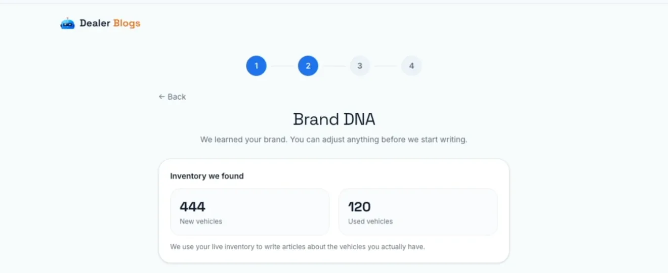 Dealer Blogs onboarding screen showing learned brand details and the number of new and used vehicles found in a dealership's live inventory